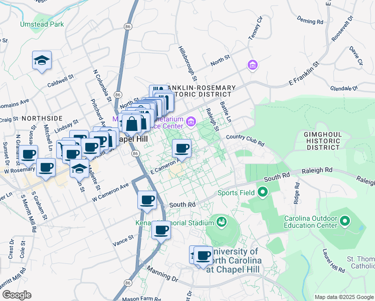 map of restaurants, bars, coffee shops, grocery stores, and more near in Chapel Hill