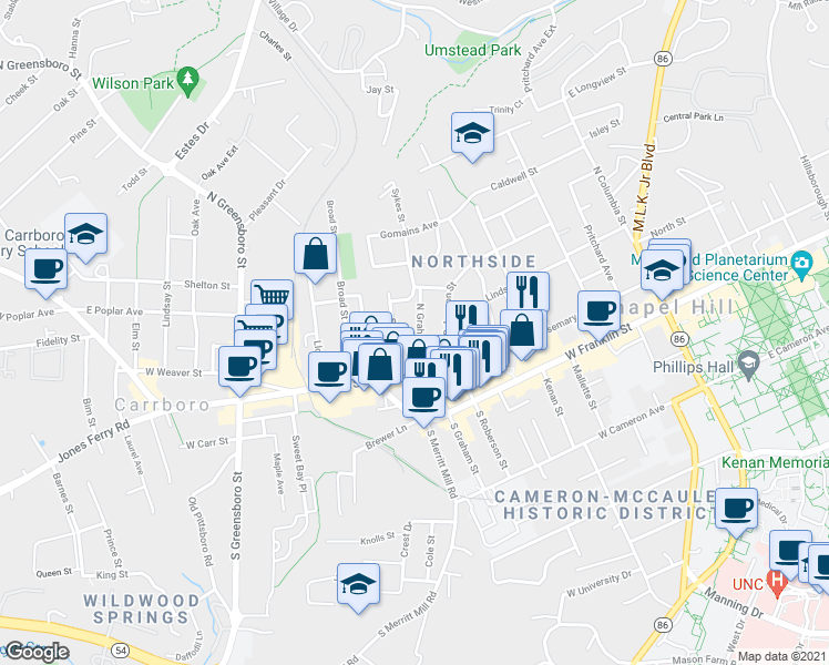 map of restaurants, bars, coffee shops, grocery stores, and more near 224 North Graham Street in Chapel Hill