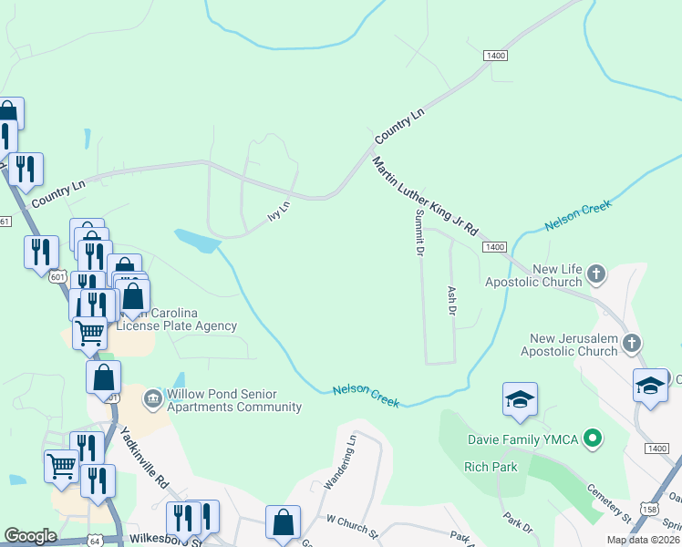 map of restaurants, bars, coffee shops, grocery stores, and more near 158 Summit Drive in Mocksville