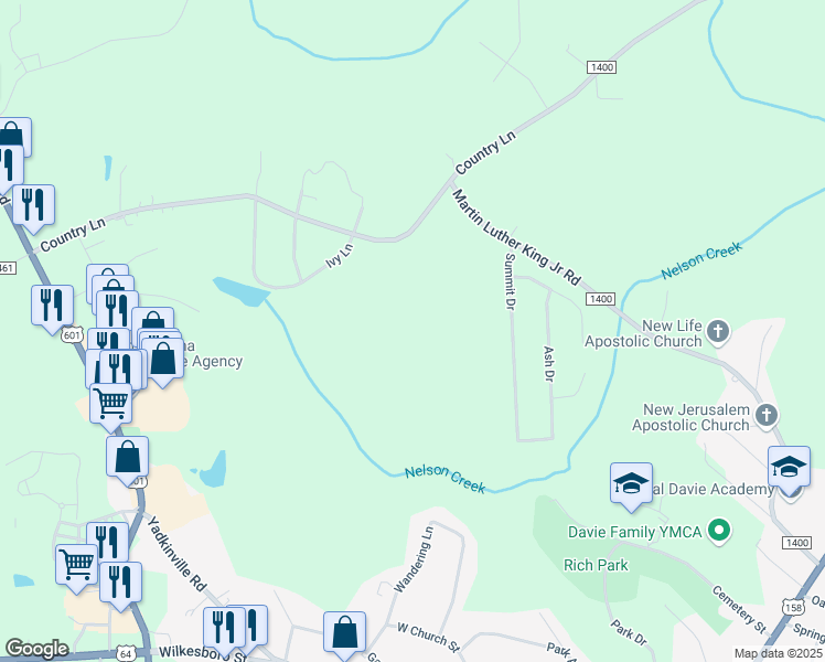 map of restaurants, bars, coffee shops, grocery stores, and more near Castle Lane in Davie County