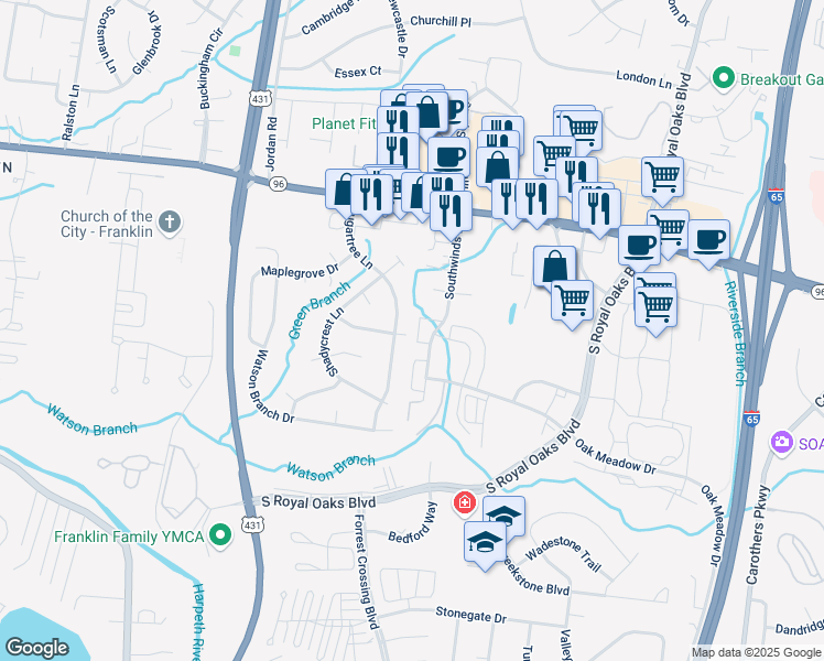 map of restaurants, bars, coffee shops, grocery stores, and more near 2705 Kennedy Court in Franklin