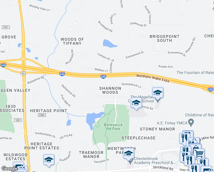 map of restaurants, bars, coffee shops, grocery stores, and more near 705 Downpatrick Lane in Raleigh