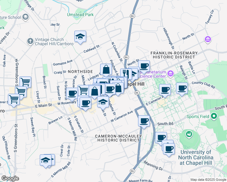 map of restaurants, bars, coffee shops, grocery stores, and more near 211 Church Street in Chapel Hill