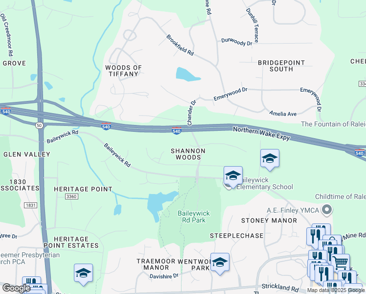 map of restaurants, bars, coffee shops, grocery stores, and more near 705 Downpatrick Lane in Raleigh