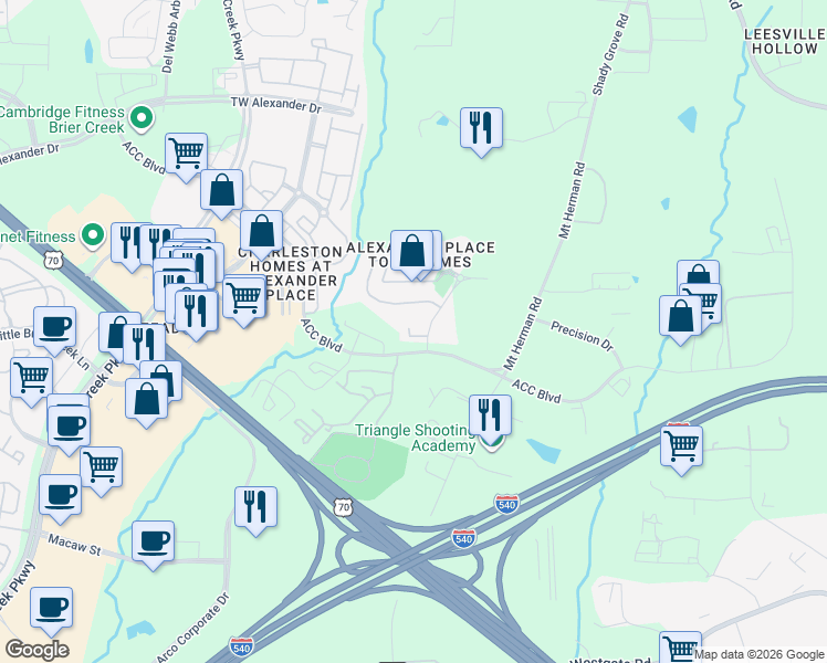 map of restaurants, bars, coffee shops, grocery stores, and more near 7629 Winners Edge Street in Raleigh