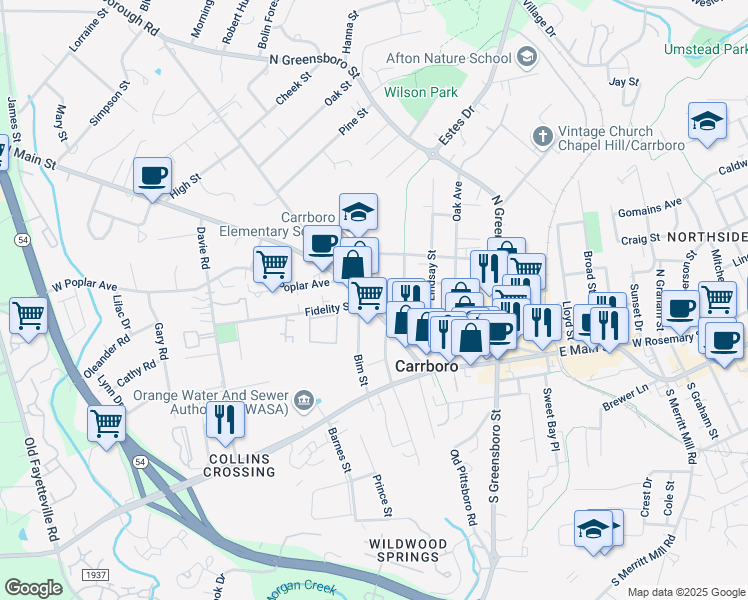 map of restaurants, bars, coffee shops, grocery stores, and more near 410 West Main Street in Carrboro