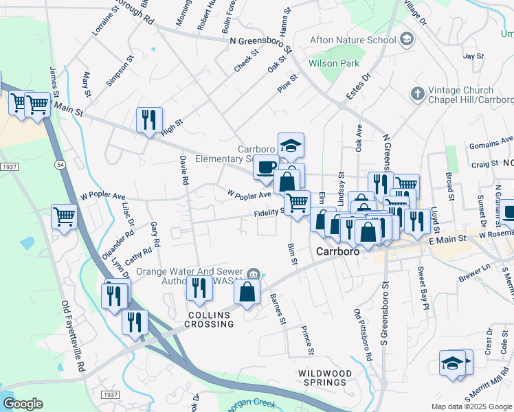 map of restaurants, bars, coffee shops, grocery stores, and more near 105 West Poplar Avenue in Carrboro
