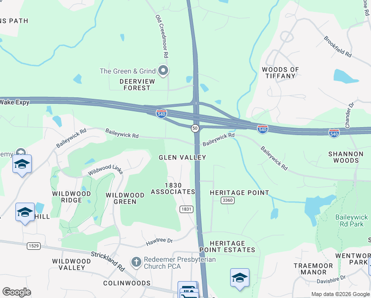 map of restaurants, bars, coffee shops, grocery stores, and more near 9808 Baileywick Road in Raleigh