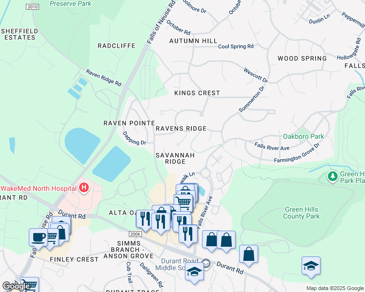 map of restaurants, bars, coffee shops, grocery stores, and more near 10212 Rocky Ford Court in Raleigh