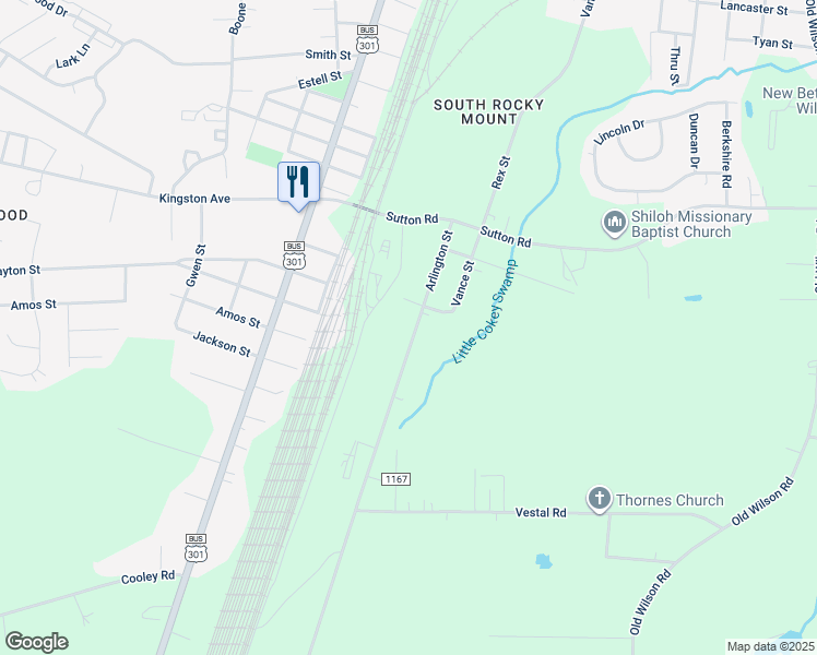 map of restaurants, bars, coffee shops, grocery stores, and more near 348 Arlington Street in Rocky Mount