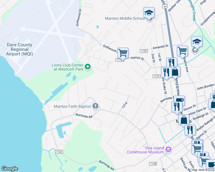 map of restaurants, bars, coffee shops, grocery stores, and more near 161 The Dogwoods in Manteo