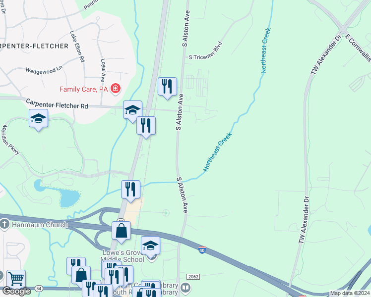 map of restaurants, bars, coffee shops, grocery stores, and more near 4305 South Alston Avenue in Durham