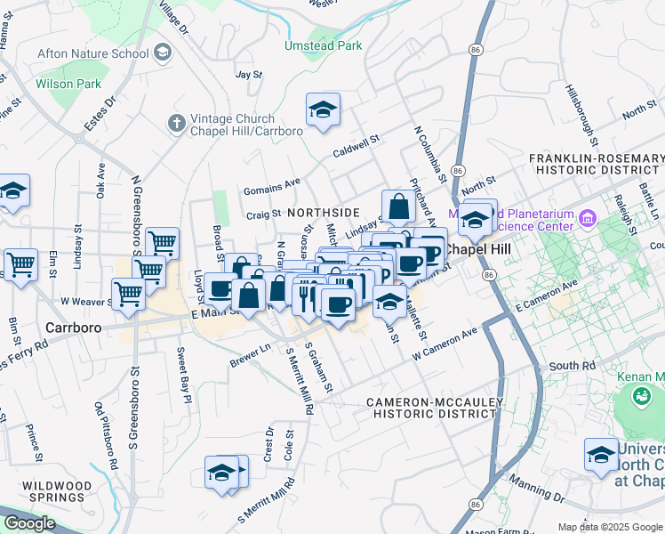 map of restaurants, bars, coffee shops, grocery stores, and more near 256-298 North Roberson Street in Chapel Hill