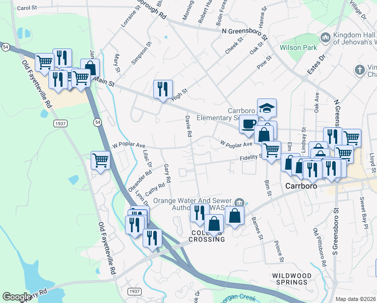 map of restaurants, bars, coffee shops, grocery stores, and more near 211 West Poplar Avenue in Carrboro