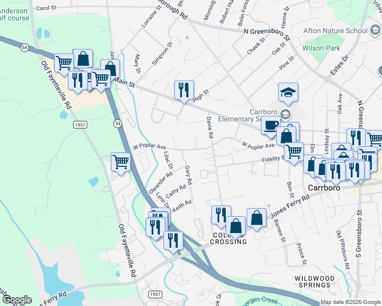 map of restaurants, bars, coffee shops, grocery stores, and more near 100 Raven Lane in Carrboro