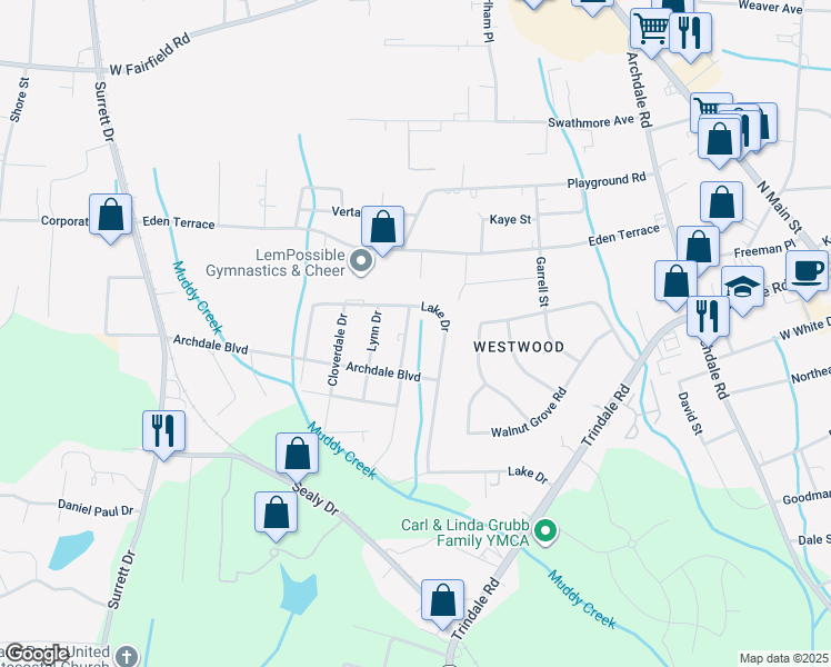 map of restaurants, bars, coffee shops, grocery stores, and more near 319 Lake Drive in Archdale