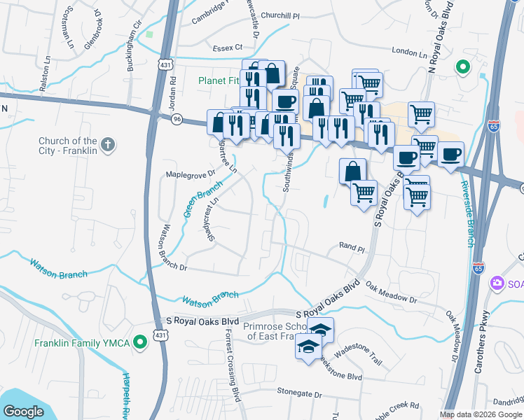 map of restaurants, bars, coffee shops, grocery stores, and more near 2705 Kennedy Court in Franklin