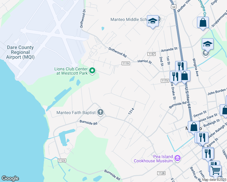 map of restaurants, bars, coffee shops, grocery stores, and more near 161 The Dogwoods in Manteo