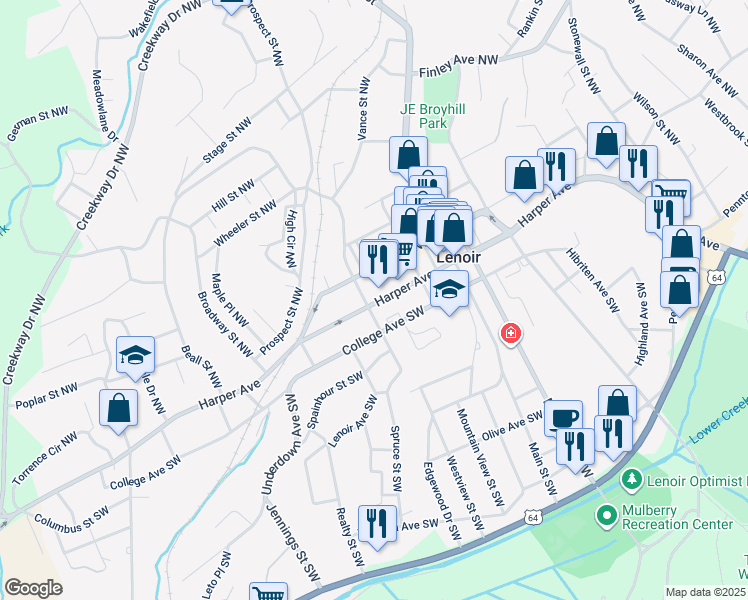 map of restaurants, bars, coffee shops, grocery stores, and more near 100 Willow Street Northwest in Lenoir