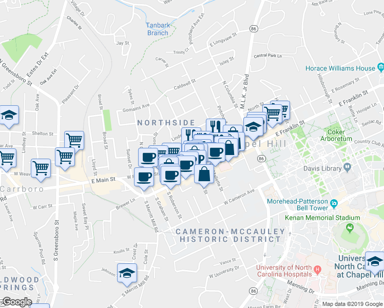 map of restaurants, bars, coffee shops, grocery stores, and more near 324 West Rosemary Street in Chapel Hill
