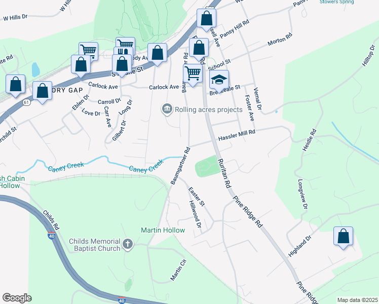 map of restaurants, bars, coffee shops, grocery stores, and more near 303 Baumgartner Road in Harriman
