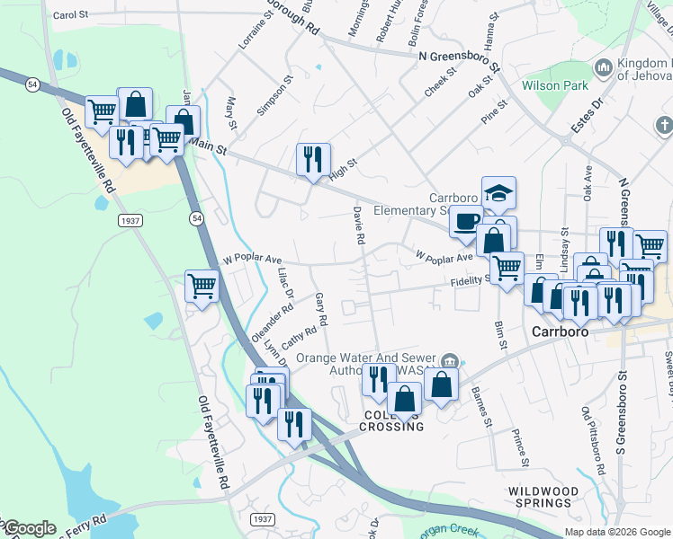 map of restaurants, bars, coffee shops, grocery stores, and more near 100 Raven Lane in Carrboro