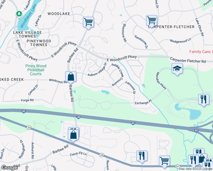 map of restaurants, bars, coffee shops, grocery stores, and more near 1145 Pebble Creek Crossing in Durham