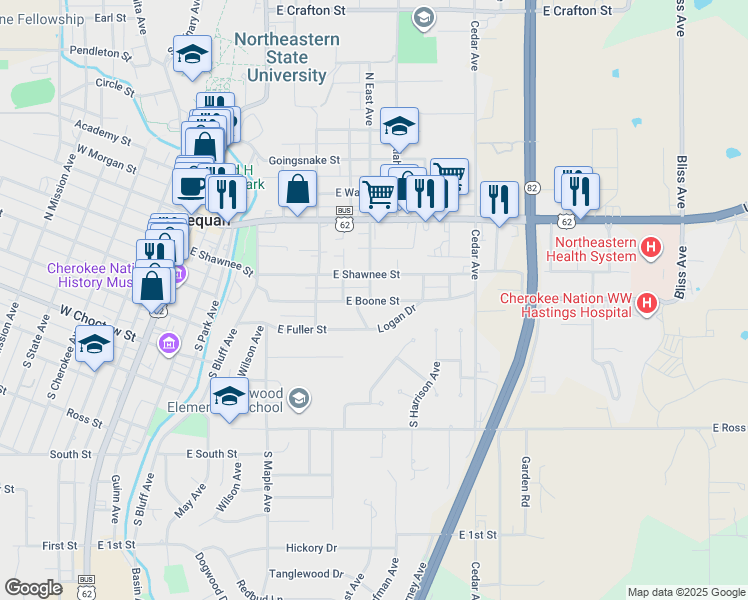 map of restaurants, bars, coffee shops, grocery stores, and more near 705 East Boone Street in Tahlequah