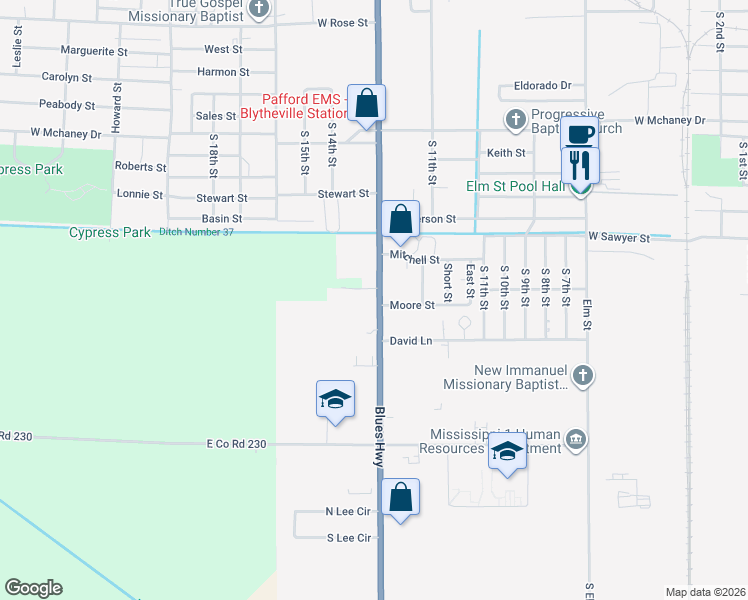 map of restaurants, bars, coffee shops, grocery stores, and more near 1299 South Division Street in Blytheville