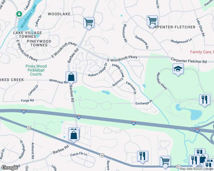 map of restaurants, bars, coffee shops, grocery stores, and more near 1145 Pebble Creek Crossing in Durham