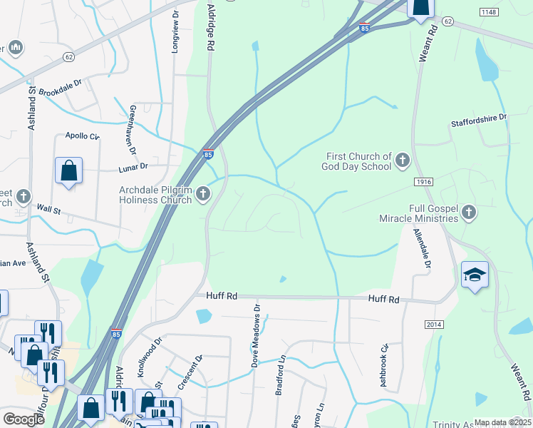 map of restaurants, bars, coffee shops, grocery stores, and more near 405 Sterling Ridge Drive in Archdale