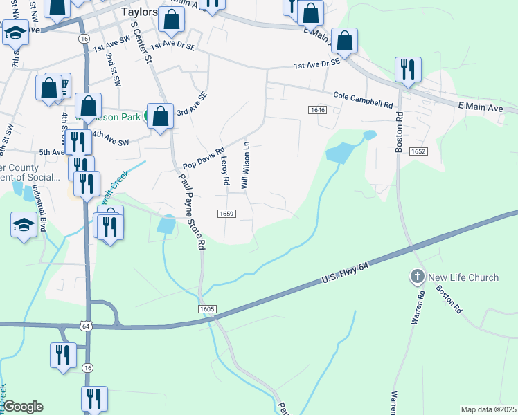 map of restaurants, bars, coffee shops, grocery stores, and more near 257 Will Wilson Lane in Taylorsville