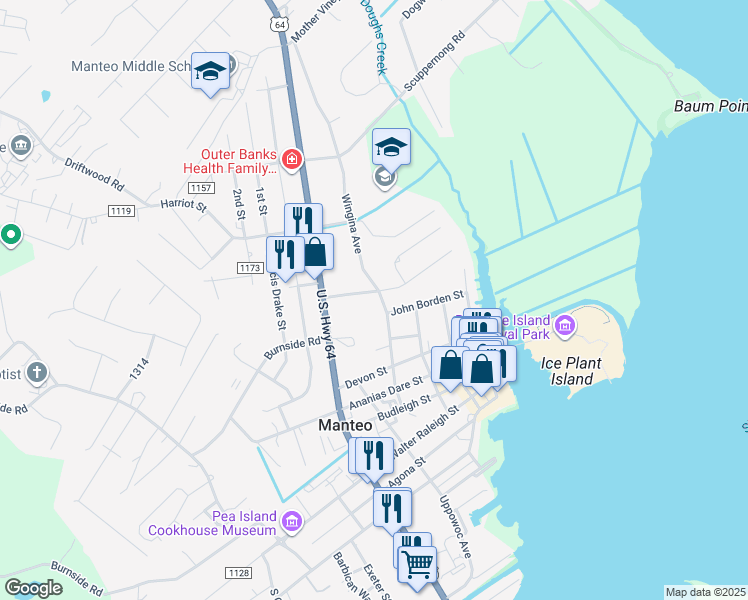 map of restaurants, bars, coffee shops, grocery stores, and more near 515 Barlowe Street in Manteo
