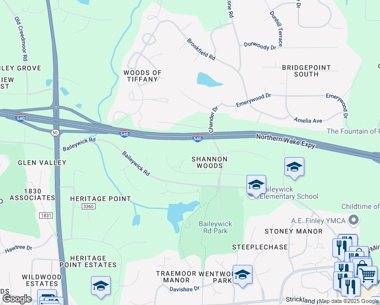 map of restaurants, bars, coffee shops, grocery stores, and more near 709 Downpatrick Lane in Raleigh