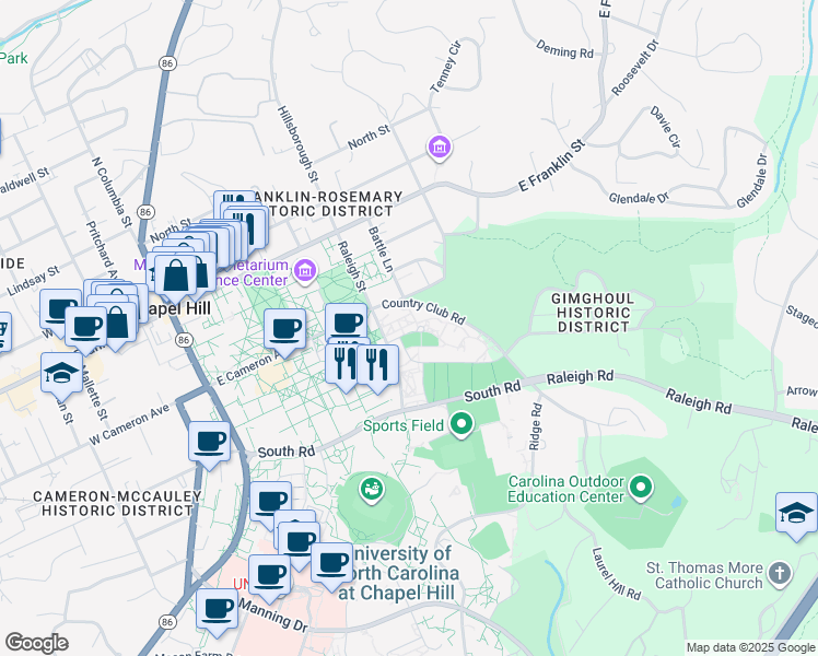 map of restaurants, bars, coffee shops, grocery stores, and more near 102 Country Club Road in Chapel Hill