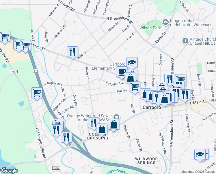map of restaurants, bars, coffee shops, grocery stores, and more near 112 West Poplar Avenue in Carrboro