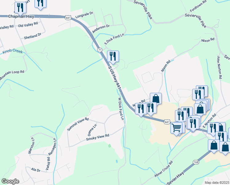 map of restaurants, bars, coffee shops, grocery stores, and more near 7101 West Dick Ford Lane in Knoxville