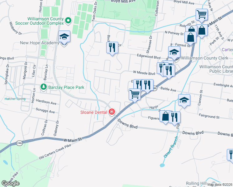 map of restaurants, bars, coffee shops, grocery stores, and more near 226 Helping Hands Drive in Franklin