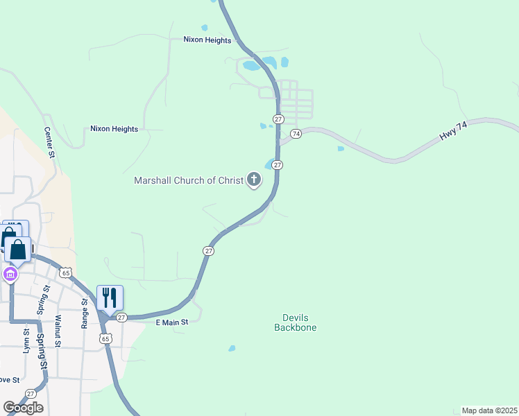 map of restaurants, bars, coffee shops, grocery stores, and more near 507 Arkansas 27 in Marshall