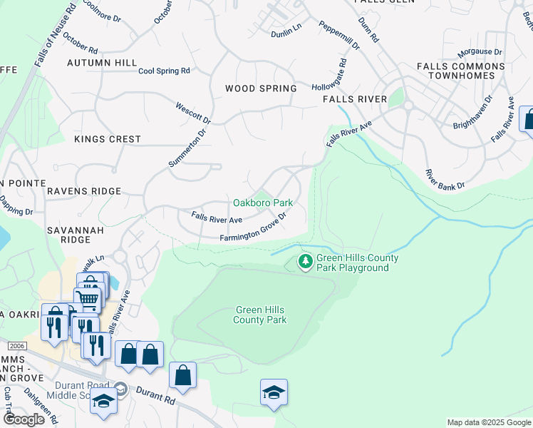 map of restaurants, bars, coffee shops, grocery stores, and more near 1728 Falls River Avenue in Raleigh