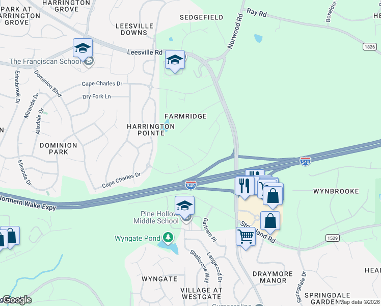 map of restaurants, bars, coffee shops, grocery stores, and more near 6112 Blakeman Lane in Raleigh