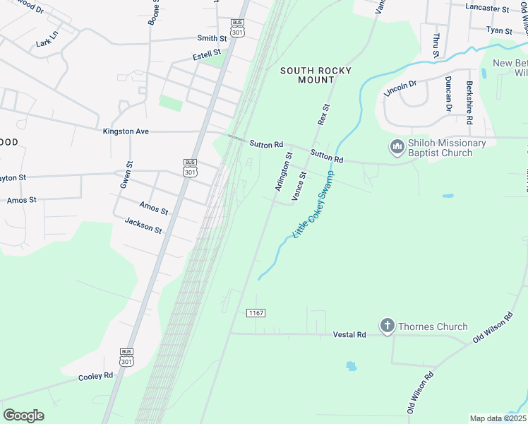 map of restaurants, bars, coffee shops, grocery stores, and more near 348 Arlington Street in Rocky Mount