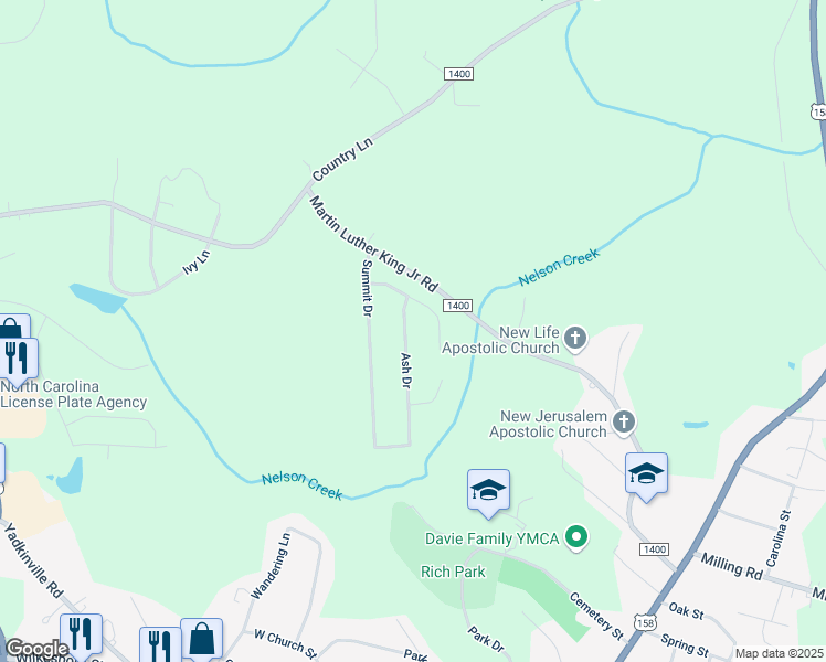 map of restaurants, bars, coffee shops, grocery stores, and more near 133 Ash Drive in Mocksville