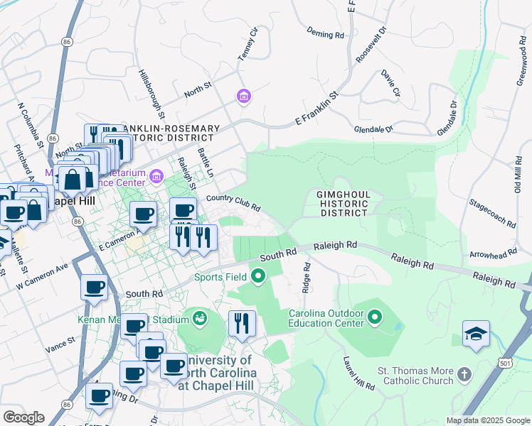 map of restaurants, bars, coffee shops, grocery stores, and more near 152 Country Club Road in Chapel Hill