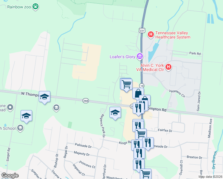 map of restaurants, bars, coffee shops, grocery stores, and more near 3436 Regency Park Drive in Murfreesboro