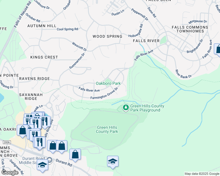 map of restaurants, bars, coffee shops, grocery stores, and more near 1728 Falls River Avenue in Raleigh