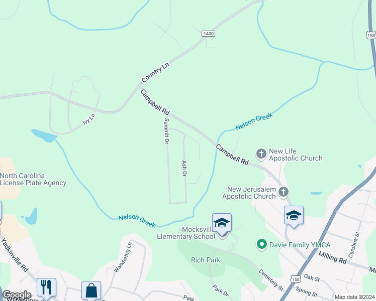 map of restaurants, bars, coffee shops, grocery stores, and more near 133 Ash Drive in Mocksville