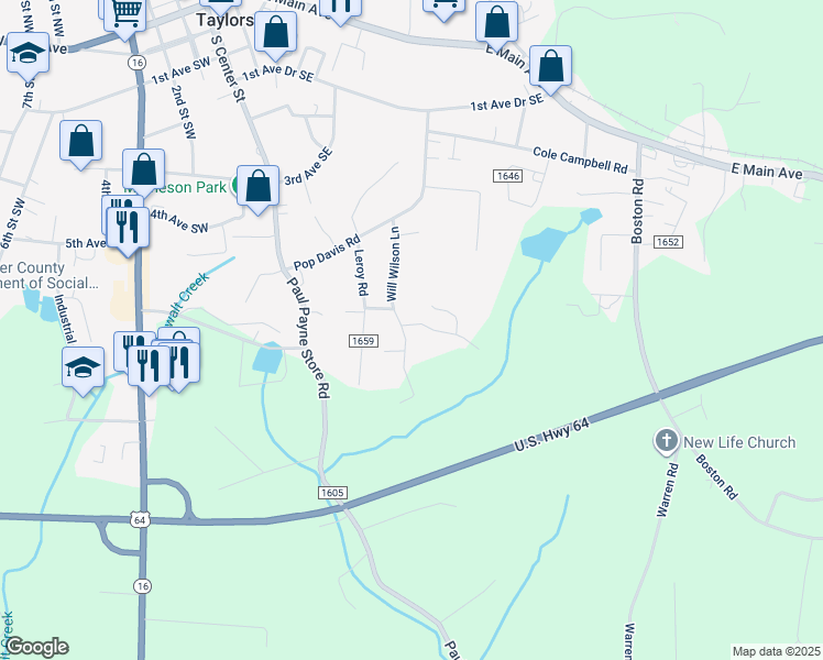 map of restaurants, bars, coffee shops, grocery stores, and more near 257 Will Wilson Lane in Taylorsville
