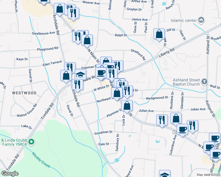 map of restaurants, bars, coffee shops, grocery stores, and more near 11206 North Main Street in Archdale