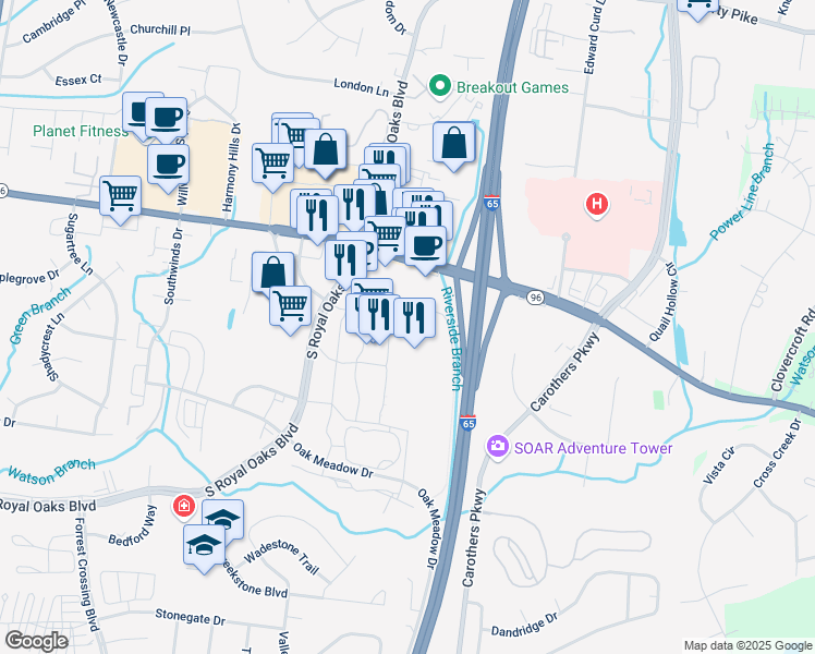 map of restaurants, bars, coffee shops, grocery stores, and more near 347 Riverside Drive in Franklin